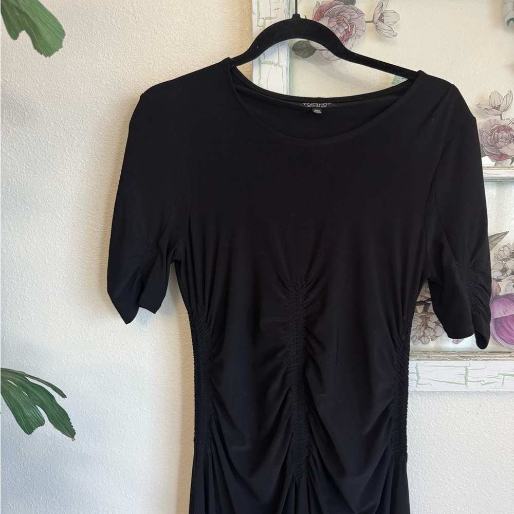 Topshop Black Asymmetrical Hem Dress Ruched Size 6